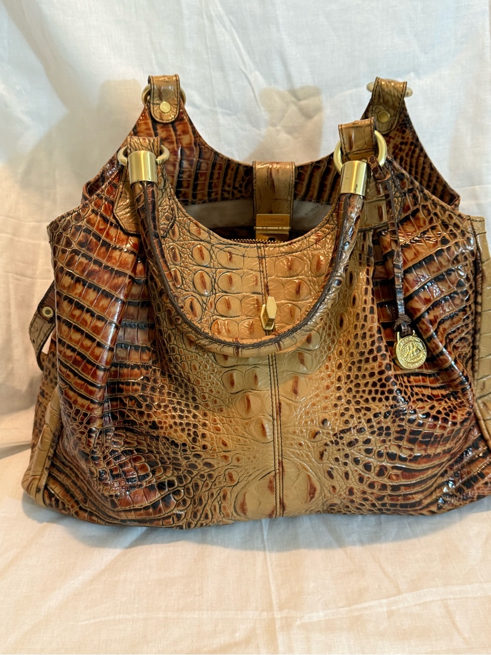 Brahmin Croc-Embossed Shoulder Bag in Tan with Gold Hardware - Picture 2 of 15